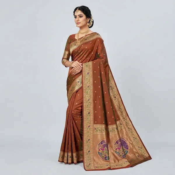 Brown_Banarasi_Silk_Saree_With_Peacock_Motifs_For_Women