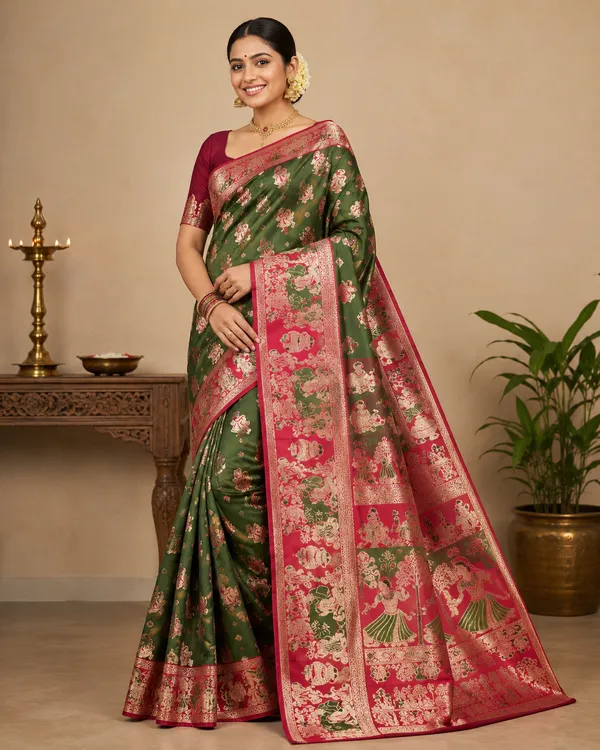 Bottle_Green_Banarasi_Silk_Saree_with_Rani_Pink_Rich_Meenakari_Zari_Pallu_&_Border