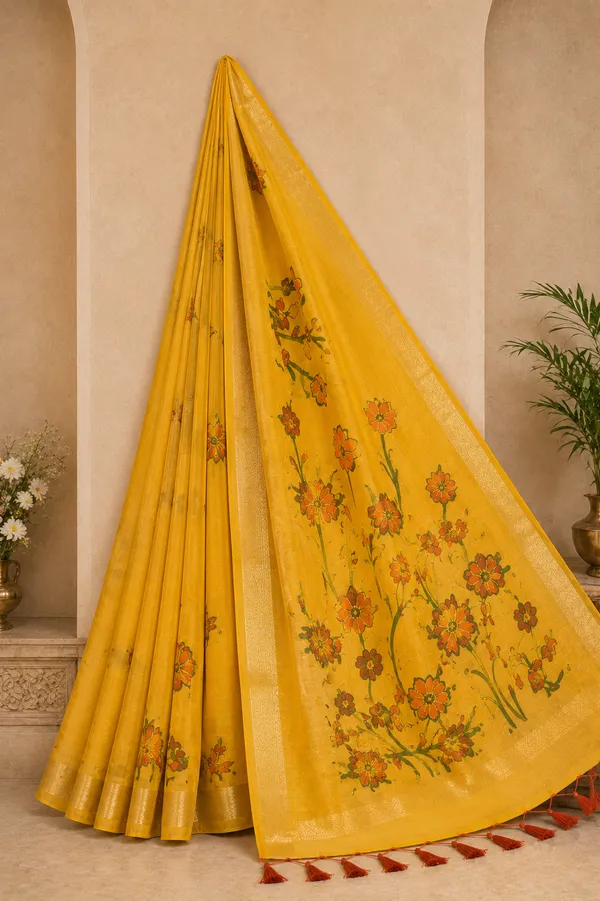 Luxury_Mustard_Yellow_Cotton_Saree✨