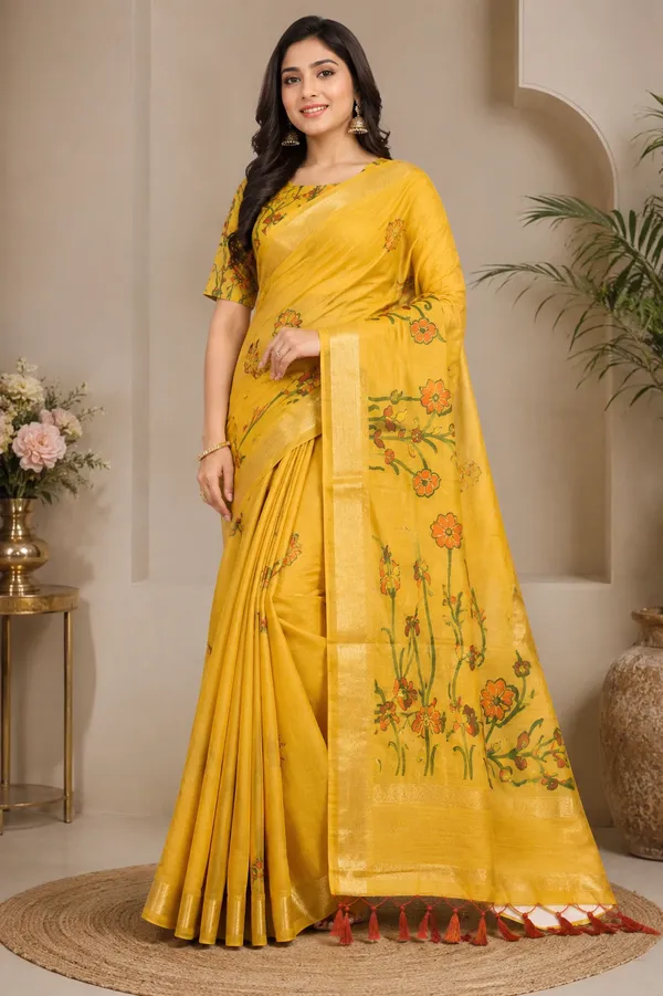 Luxury_Mustard_Yellow_Cotton_Saree✨