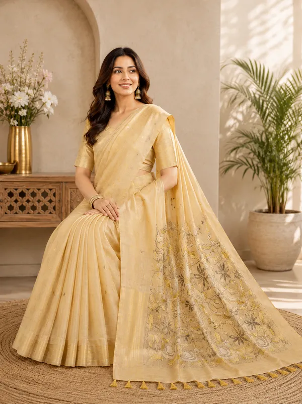 Muga_Cotton_Cream_Yellow_Floral_Printed_Saree_with_Designer_Pallu_&_Tassels