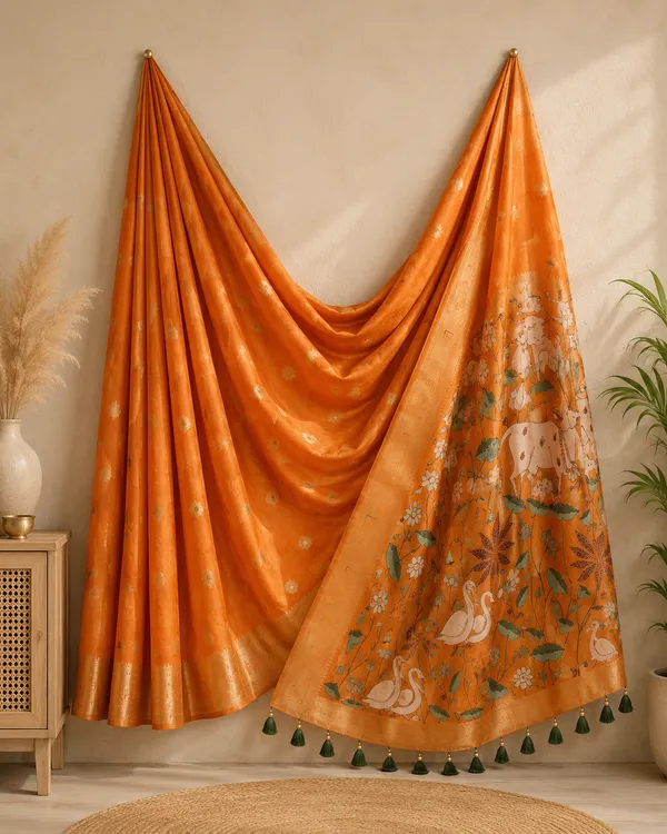 Muga_Cotton_Orange_Printed_Saree_with_Traditional_Floral_&_Cow_Motif_Pallu