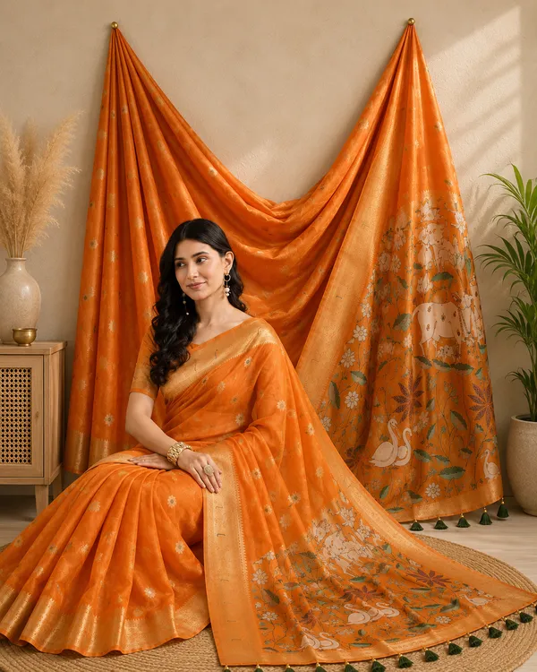 Muga_Cotton_Orange_Printed_Saree_with_Traditional_Floral_&_Cow_Motif_Pallu
