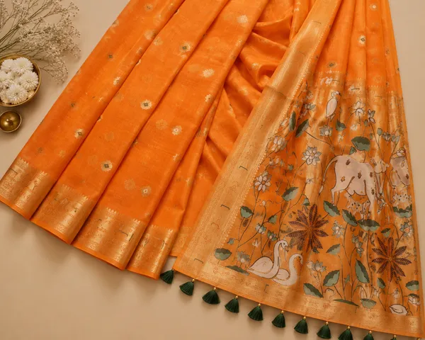 Muga_Cotton_Orange_Printed_Saree_with_Traditional_Floral_&_Cow_Motif_Pallu