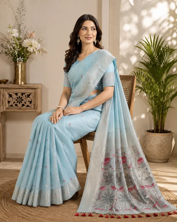 Muga_Cotton_Sky_Blue_Floral_Printed_Saree_with_Designer_Pallu_&_Tassels