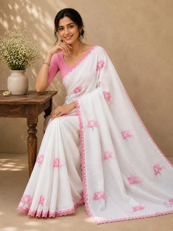 Muga_Cotton_White_Saree_with_Pink_Lotus_Print_&_Lace_Border