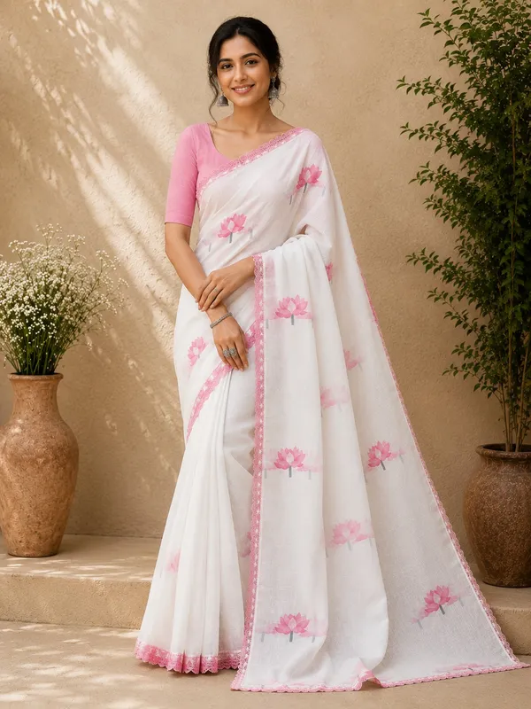 Muga_Cotton_White_Saree_with_Pink_Lotus_Print_&_Lace_Border