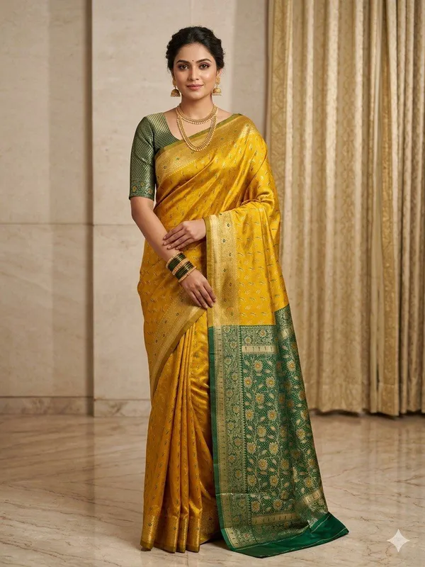 Mustard_Yellow_Banarasi_Silk_Saree_with_Emerald_Green_Zari_Pallu
