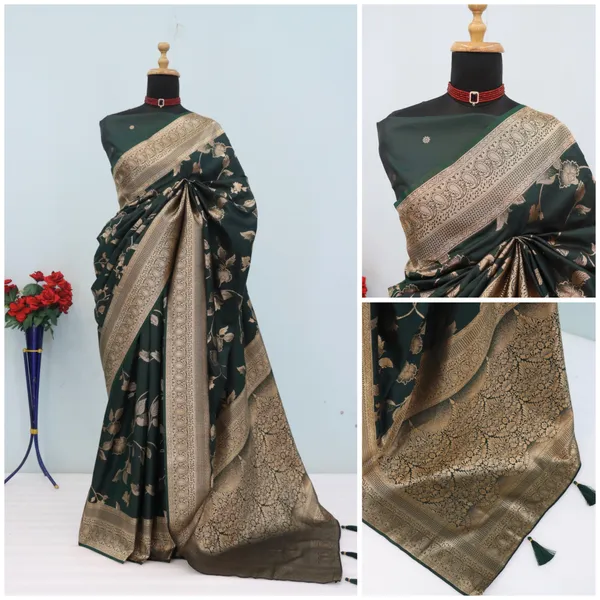 Dark_Green_Banarasi_Silk_Saree_With_Golden_Zari_Border