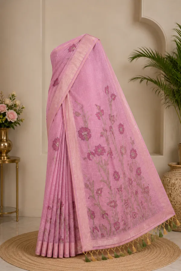Premium_Baby_Pink_Floral_Printed_Cotton_Saree🌸