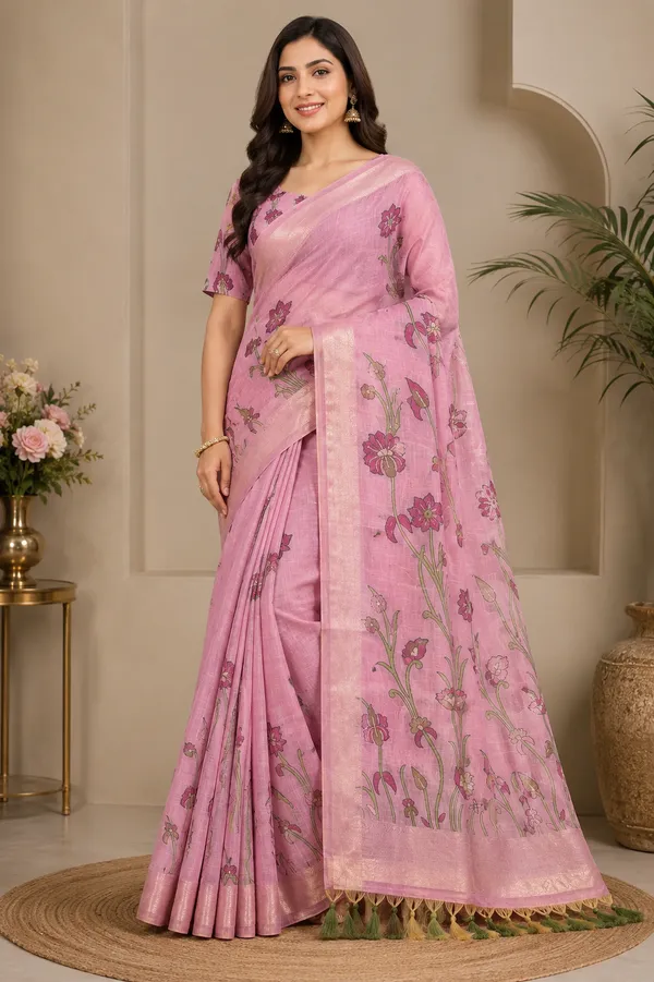 Premium_Baby_Pink_Floral_Printed_Cotton_Saree🌸
