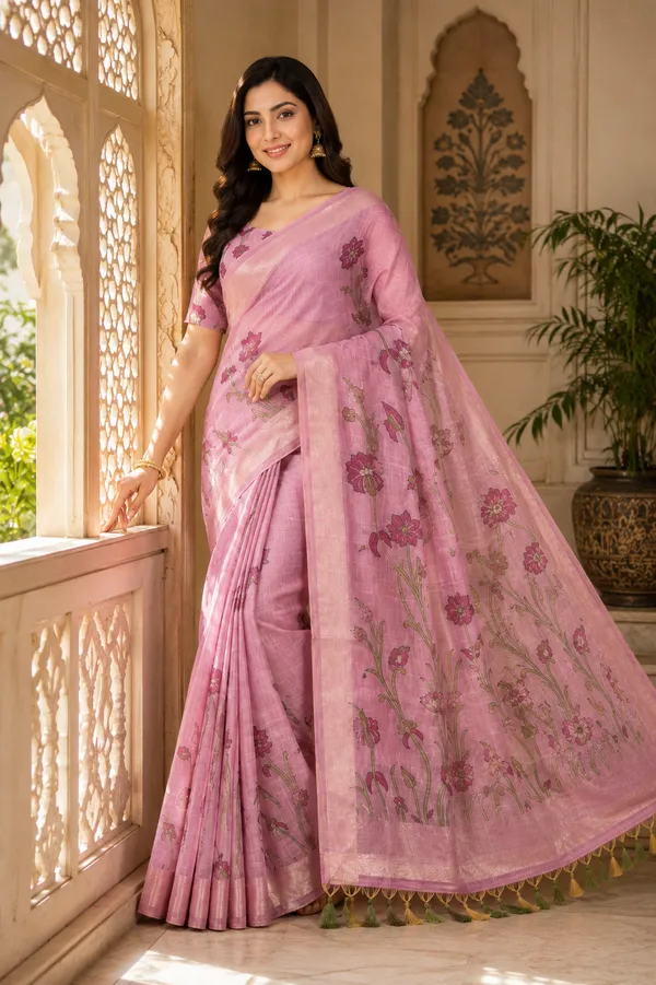 Premium_Baby_Pink_Floral_Printed_Cotton_Saree🌸