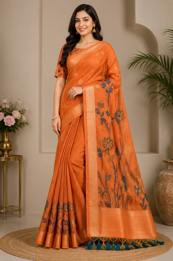 Premium_Rust_Orange_Floral_Cotton_Saree🍂