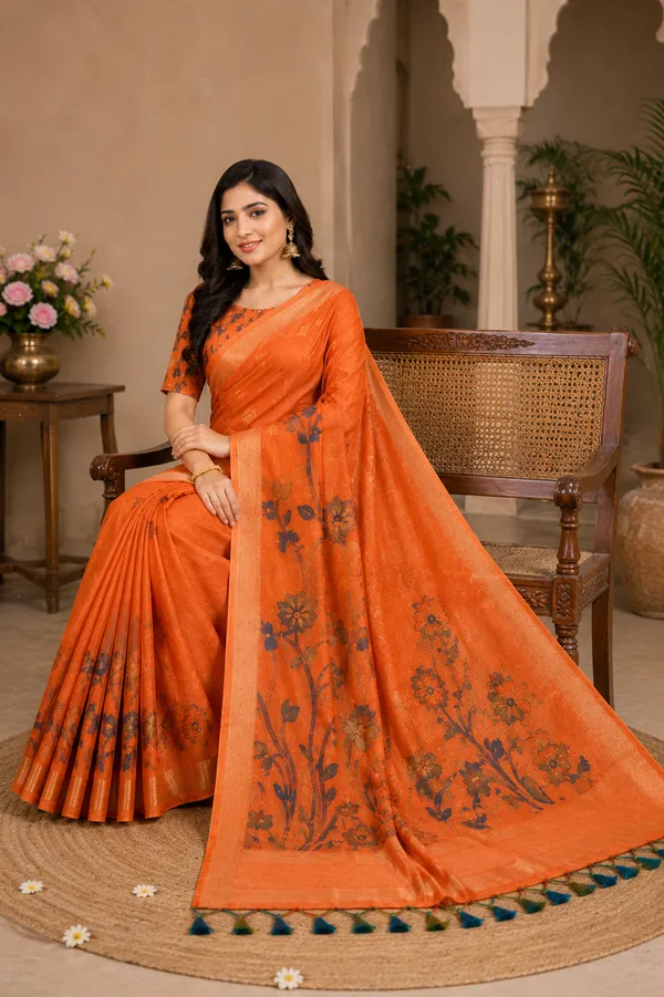 Premium_Rust_Orange_Floral_Cotton_Saree🍂