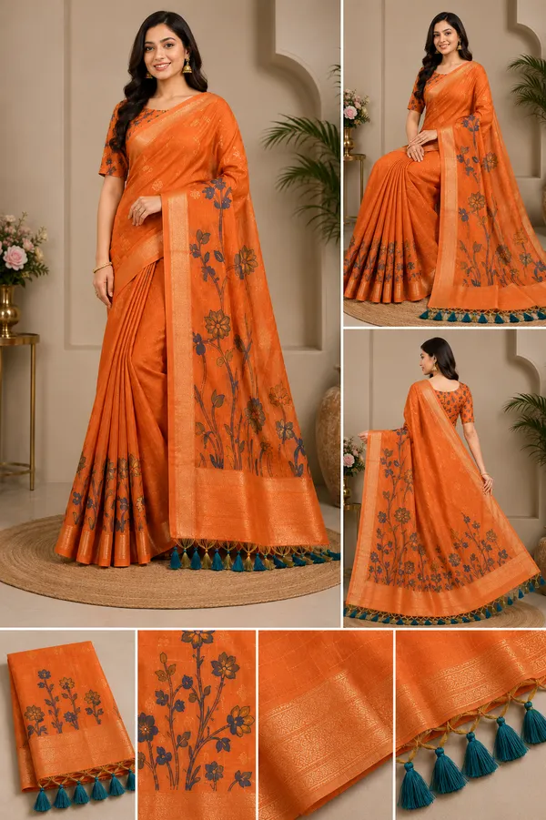 Premium_Rust_Orange_Floral_Cotton_Saree🍂