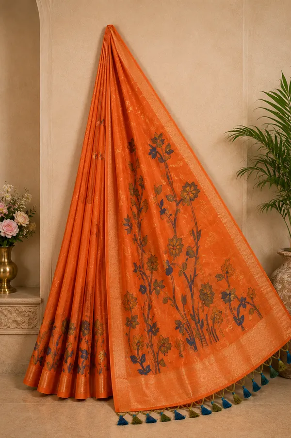 Premium_Rust_Orange_Floral_Cotton_Saree🍂