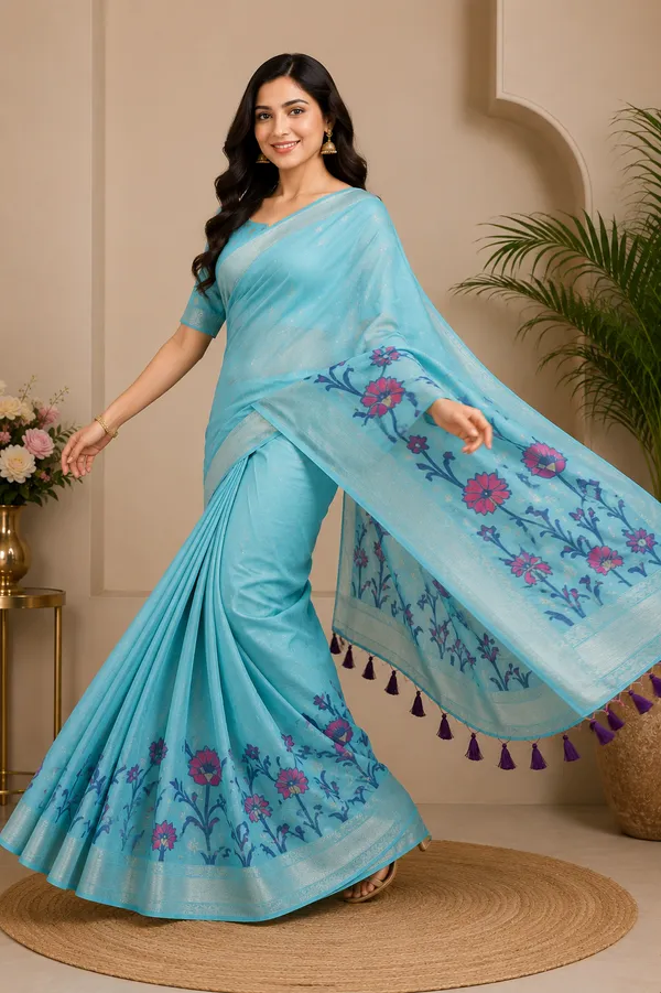 Premium_Sky_Blue_Floral_Cotton_Saree🩵