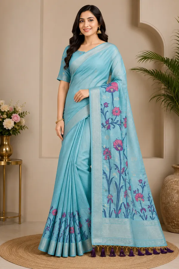 Premium_Sky_Blue_Floral_Cotton_Saree🩵