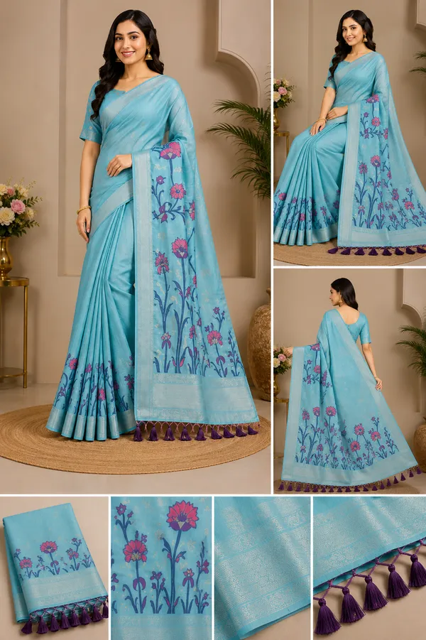 Premium_Sky_Blue_Floral_Cotton_Saree🩵