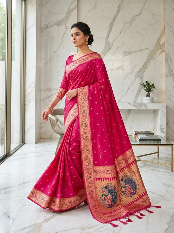 Pink_Silk_Woven_Saree_With_Zari_Border_For_Women