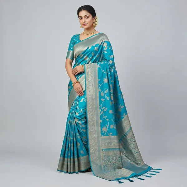 Blue_Banarasi_Silk_Saree_With_Silver_Zari_Border