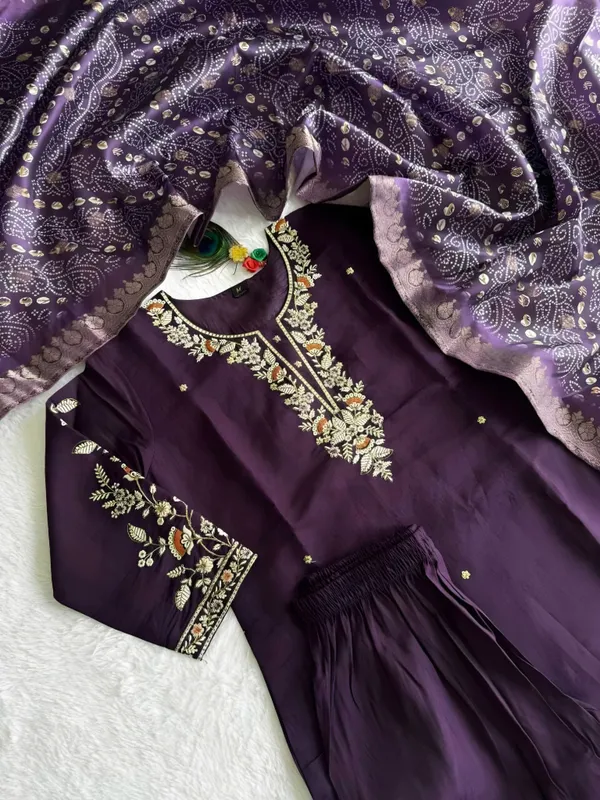 Regal_Purple_Viscose_Silk_Kurta_Set_with_Heavy_Hand_Embroidery_on_Neck_&_Sleeves_and_Bandhani_Print_Banarasi_Dupatta