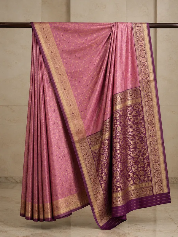 Rose_Pink_Banarasi_Silk_Saree_with_Royal_Purple_Zari_Pallu