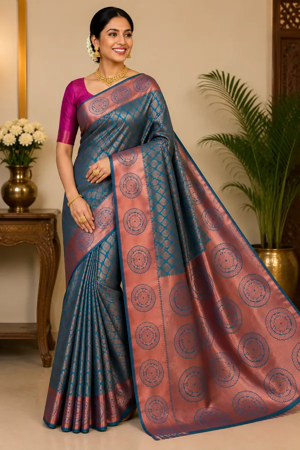 Royal_Blue_&_Rose_Gold_Banarasi_Silk_Saree