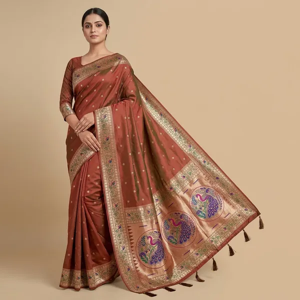 Brown_Banarasi_Silk_Peacock_Motif_Zari_Woven_Saree_For_Women