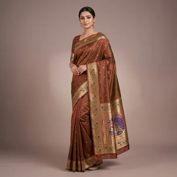 Brown_Banarasi_Silk_Peacock_Motif_Zari_Woven_Saree_For_Women