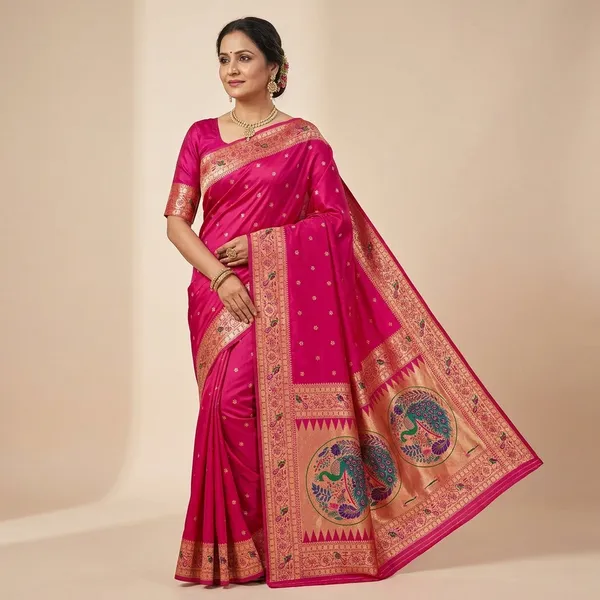 Pink_Banarasi_Silk_Saree_With_Peacock_Motifs
