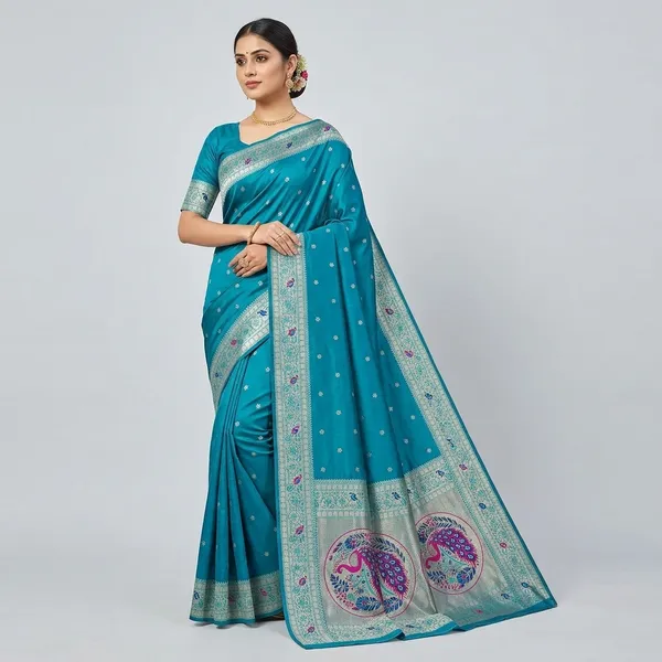 Turquoise_Banarasi_Silk_Saree_With_Zari_Work