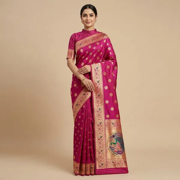 Pink_Banarasi_Silk_Peacock_Motif_Zari_Woven_Saree_For_Women
