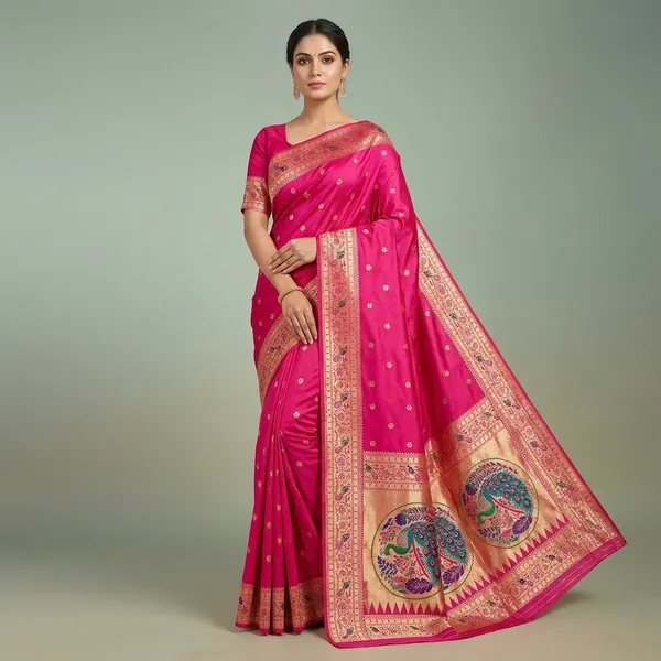 Pink_Banarasi_Silk_Peacock_Motif_Zari_Woven_Saree_For_Women