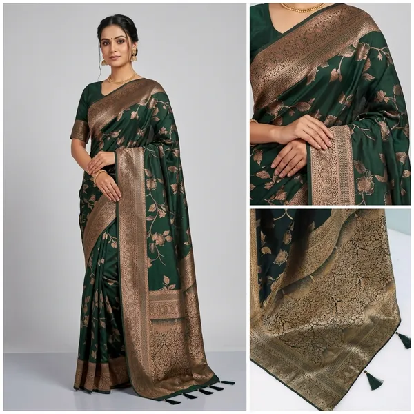 Dark_Green_Banarasi_Silk_Saree_With_Golden_Zari_Border