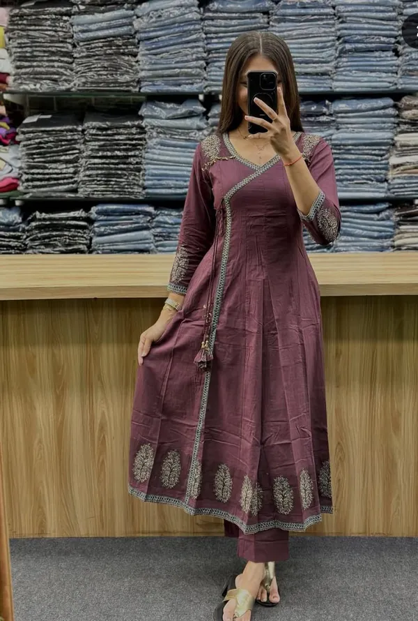 Wine_Embroidered Anarkali_Kurta_Set