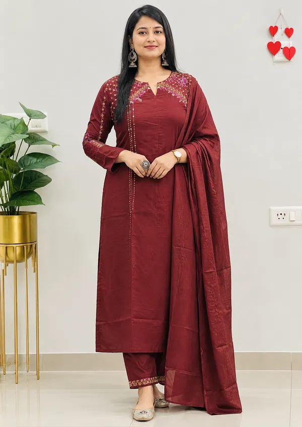 Women’s_Wine_Red_Floral_Embroidered_Anarkali_Kurta_Pant_Set_with_Matching_Dupatta