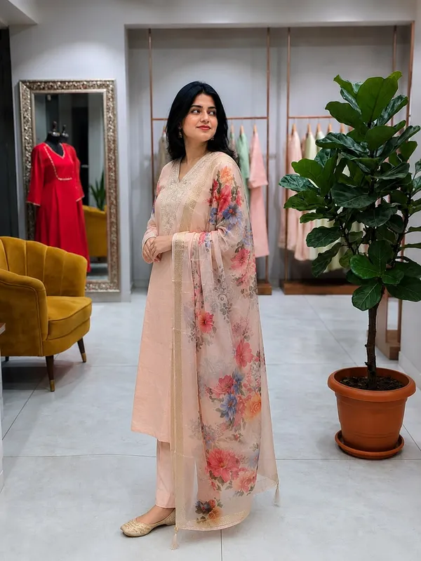 Women’s_Peach_Embroidered_Kurta_Pant_Set_with_Floral_Printed_Organza_Dupatta
