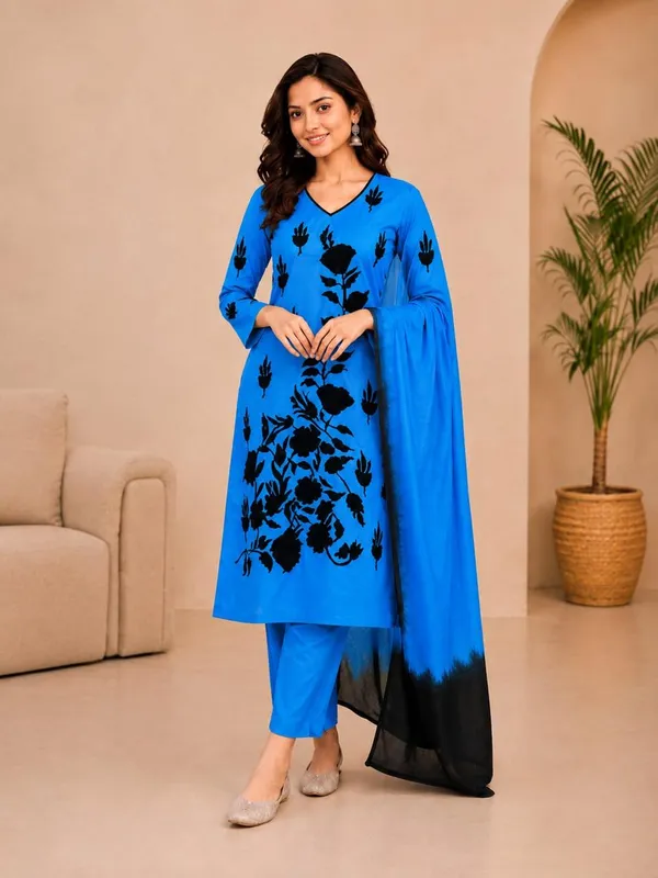 Women’s_Blue_&_Black_Floral_Printed_Straight_Kurta_Pant_with_Dupatta_Set