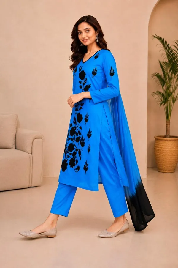 Women’s_Blue_&_Black_Floral_Printed_Straight_Kurta_Pant_with_Dupatta_Set