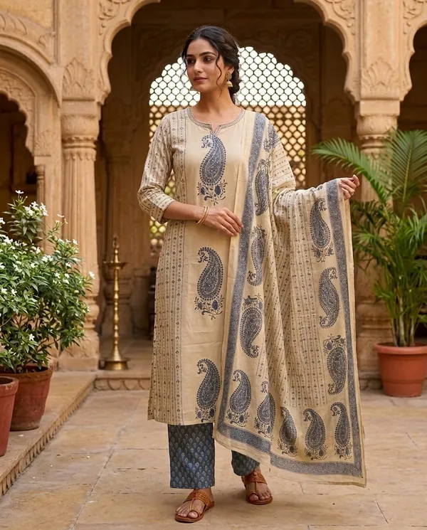 Women’s_Beige_Paisley_Printed_Kurta_Pant_Set_with_Dupatta