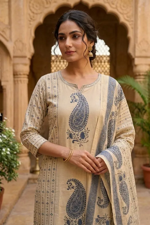 Women’s_Beige_Paisley_Printed_Kurta_Pant_Set_with_Dupatta