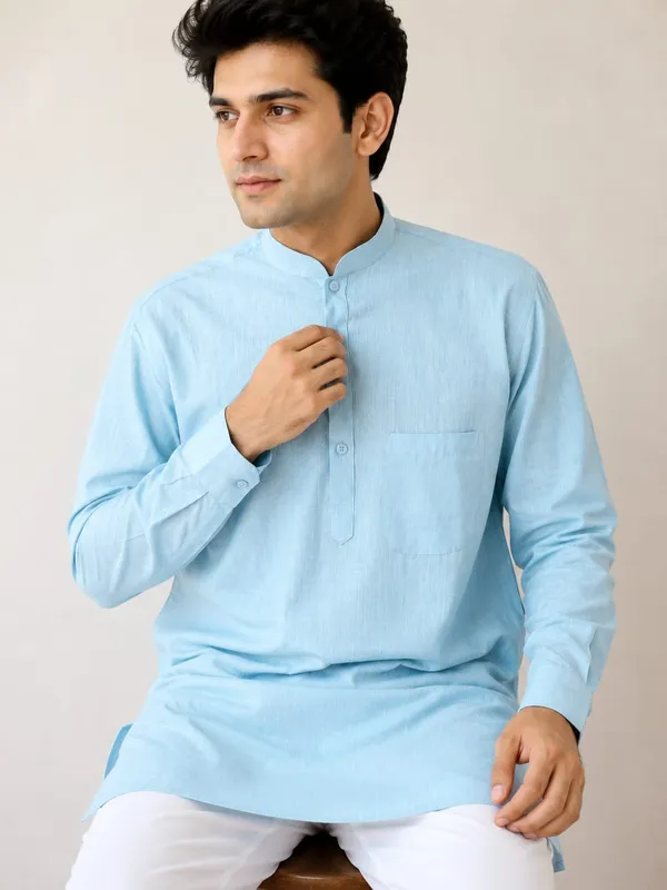 Pure_Cotton_Kurta_Long_Full__Sleeves_Sky_Blue
