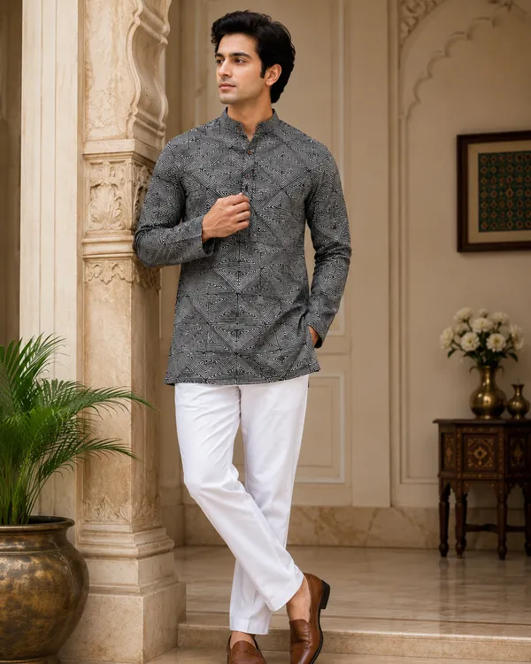 Grey_Pure_Cotton_Short_Kurta_For_Men