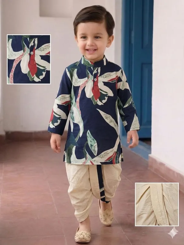Blue_And_White_Pure_Cotton_Dhoti_Kurta_Set_For_Boys