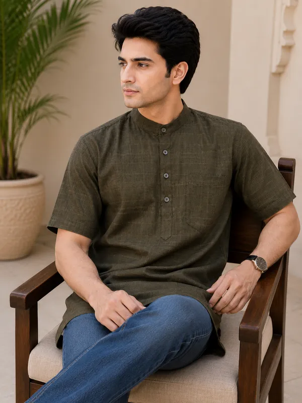 Pure_Cotton_Kurta_Short_Half_Sleeves_Dark_Green