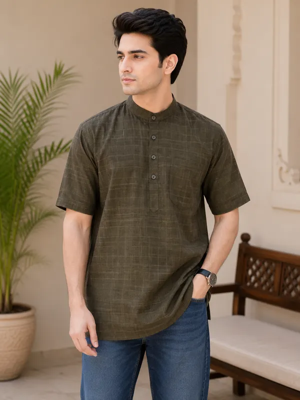 Pure_Cotton_Kurta_Short_Half_Sleeves_Dark_Green