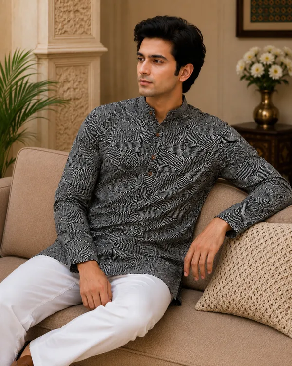 Grey_Pure_Cotton_Short_Kurta_For_Men