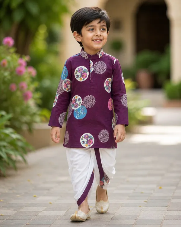 Purple_And_White_Pure_Cotton_Kurta_Dhotii_Set_For_Boys