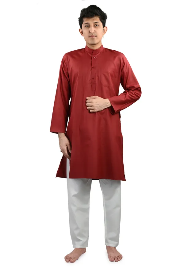 Maroon_Cotton_Poly_Kurta_Pajama_Set_For_Men
